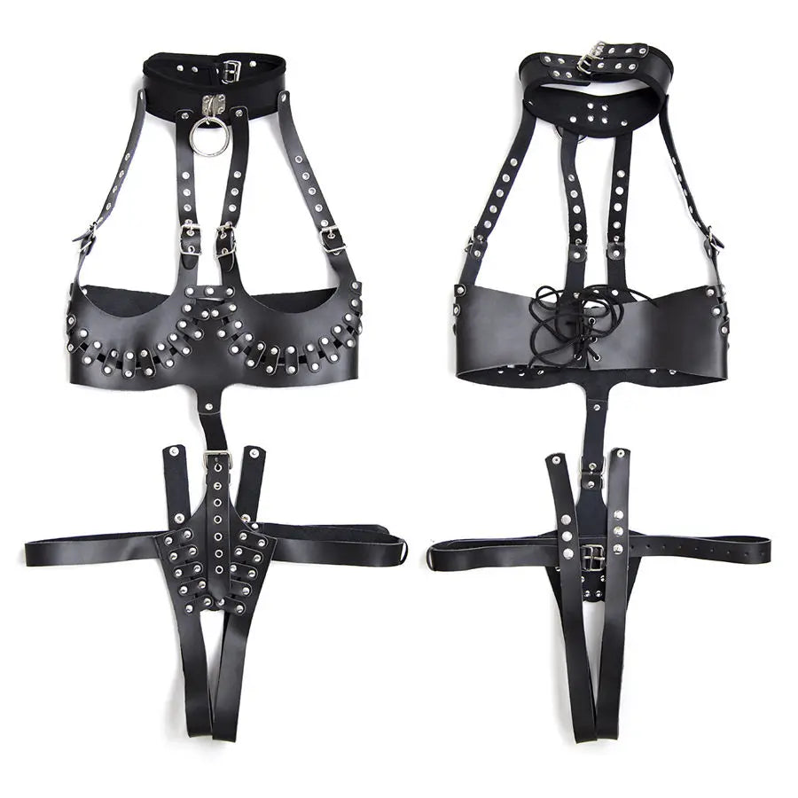 Leather Punk Body Harness with
Open Breast Corset