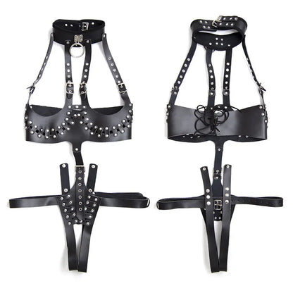 Leather Punk Body Harness with
Open Breast Corset