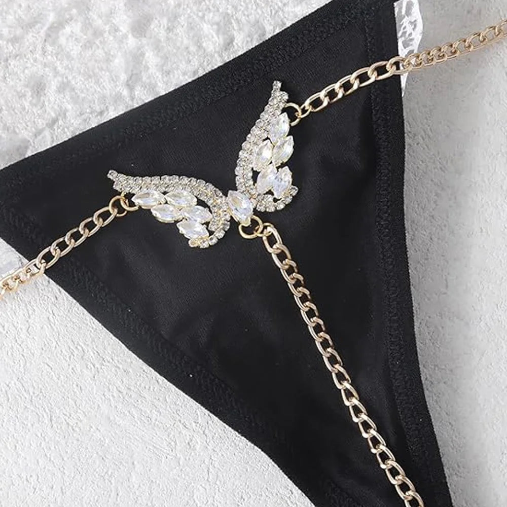 Sexy Rhinestone Butterfly T Back Thong with Belly Waist Chain