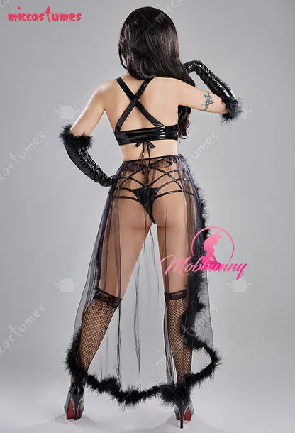 Sexy Lingerie Set Black Strappy Top and Panty with Gloves Stockings and Tulle Skirt