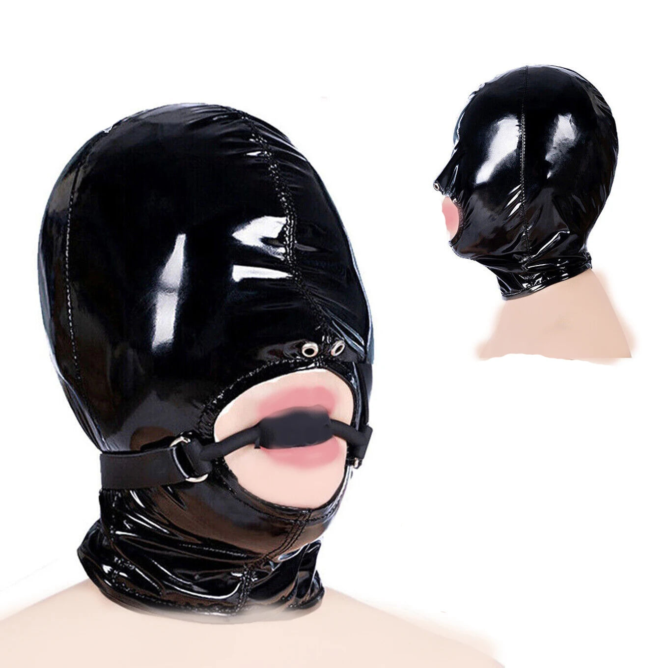 Patent Leather Open Mouth Head Harness Hood with Zipper