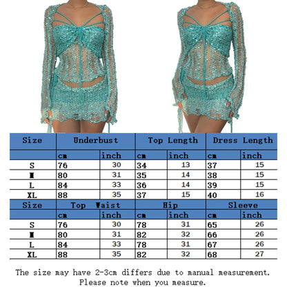 3 Piece Sequin Skirt Sets Crochet Knitted Dresses 
Elegant Mini Crop Top Dress