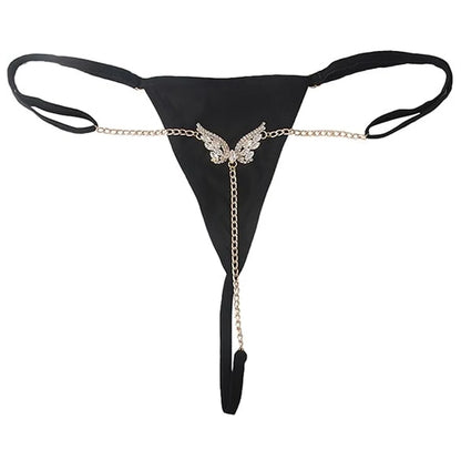 Sexy Rhinestone Butterfly T Back Thong with Belly Waist Chain