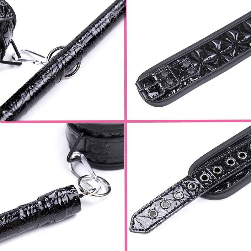 Black Leather Bondage Set Diamond Pattern (Spreader Bar, Handcuffs, Ankle Cuffs,  Restraints)