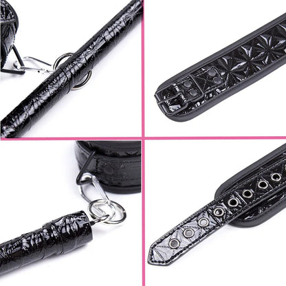 Black Leather Bondage Set Diamond Pattern (Spreader Bar, Handcuffs, Ankle Cuffs,  Restraints)