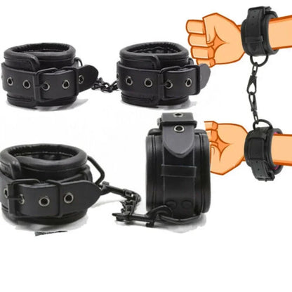 All Adjustable Leather Handcuffs, Ankle Cuffs, and Neck Collar Slave Set