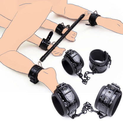 Black Leather Bondage Set Diamond Pattern (Spreader Bar, Handcuffs, Ankle Cuffs,  Restraints)