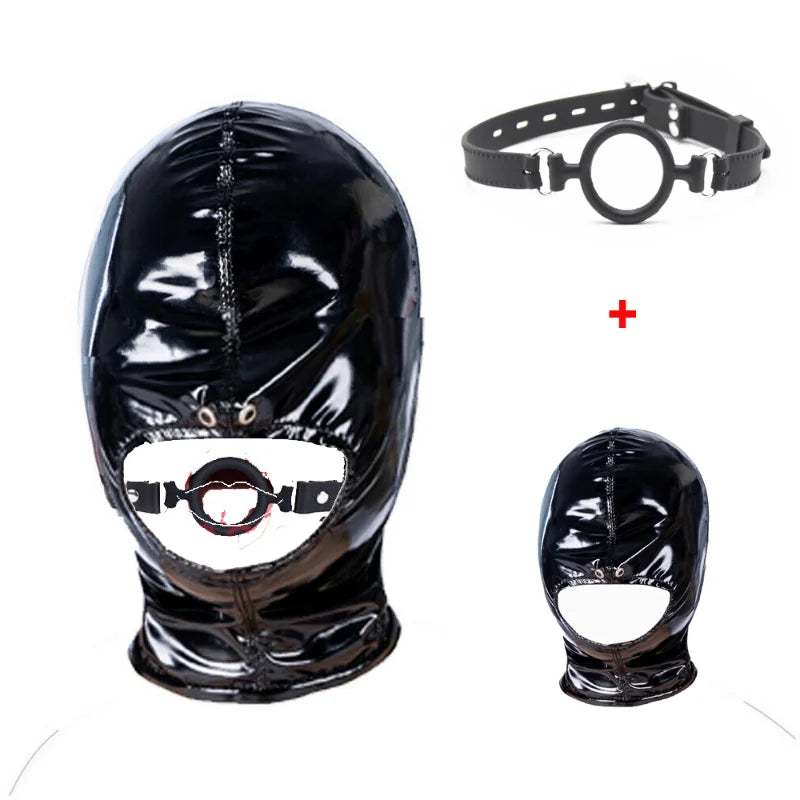 Patent Leather Open Mouth Head Harness Hood with Zipper