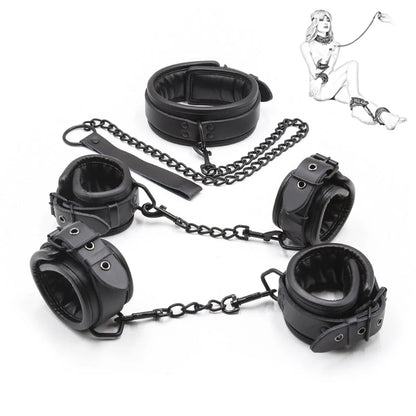 All Adjustable Leather Handcuffs, Ankle Cuffs, and Neck Collar Slave Set