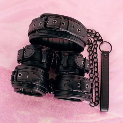 All Adjustable Leather Handcuffs, Ankle Cuffs, and Neck Collar Slave Set