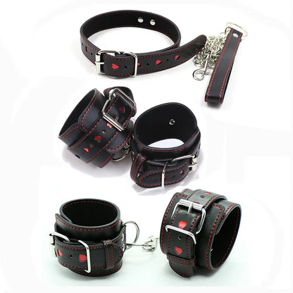 Heart-shaped Adjustable Restraint Set (Handcuffs, Ankle Cuffs, Neck collar with Leash)