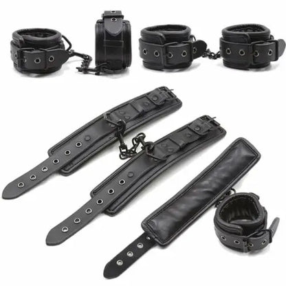 All Adjustable Leather Handcuffs, Ankle Cuffs, and Neck Collar Slave Set